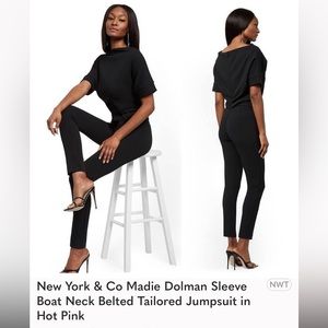 New York & Co Madie Dolman Sleeve Boat Neck Belted Tailored Jumpsuit in Hot Pink
